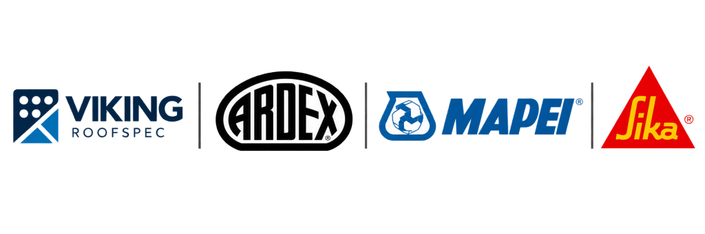 Logos of Viking Roofspec, ARDEX, MAPEI and Sika